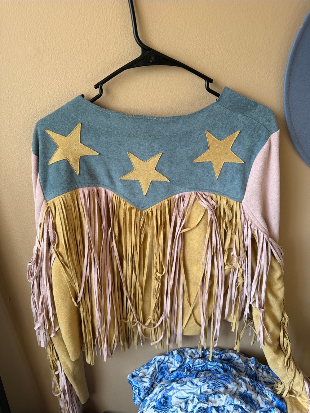 Vocal Two-Tone Suede Fringe Jacket in Mustard & Teal - Picture 4 of 5